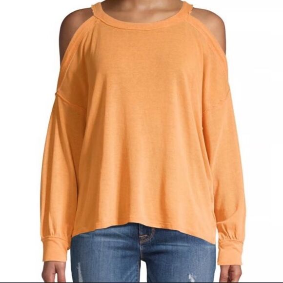 We the Free Orange Chill Out Long Sleeve Top Cold Shoulder Relaxed Size L - Picture 1 of 10
